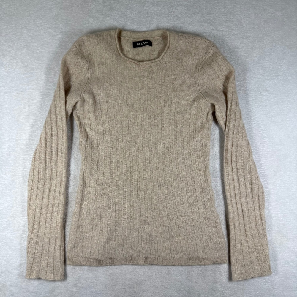 NAADAM 100% Cashmere Ribbed Crew Neck Sweater Beige Oatmeal Small 10185